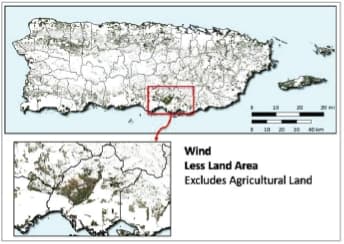 Terreno disponible para el desarrollo de energía eólica terrestre a gran escala, excluyendo tierras agrícolas, con inserciones detalladas.. Gráficas por NREL.